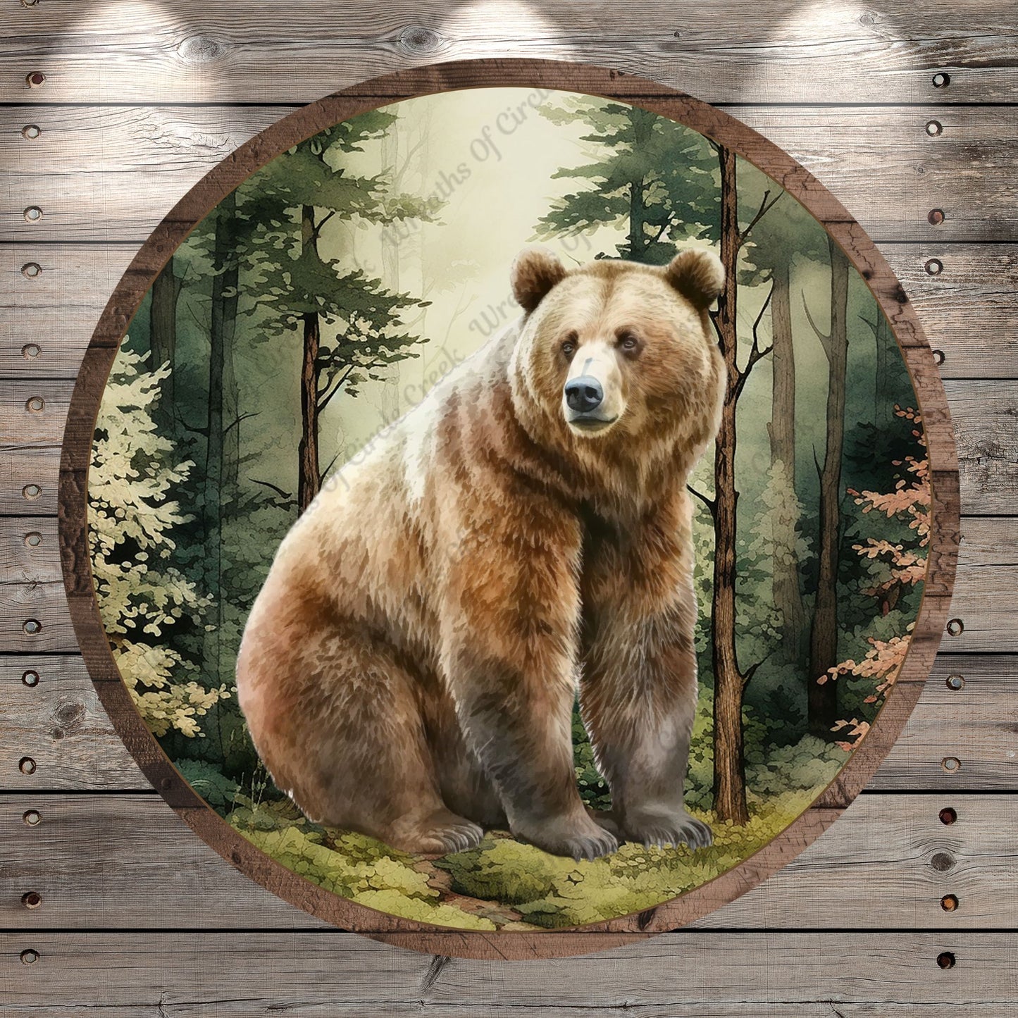 Brown Bear, Grizzly, Welcome, To The Woods, Faux Wood, Rustic, Round, Lightweight, Metal Wreath Sign, No Holes