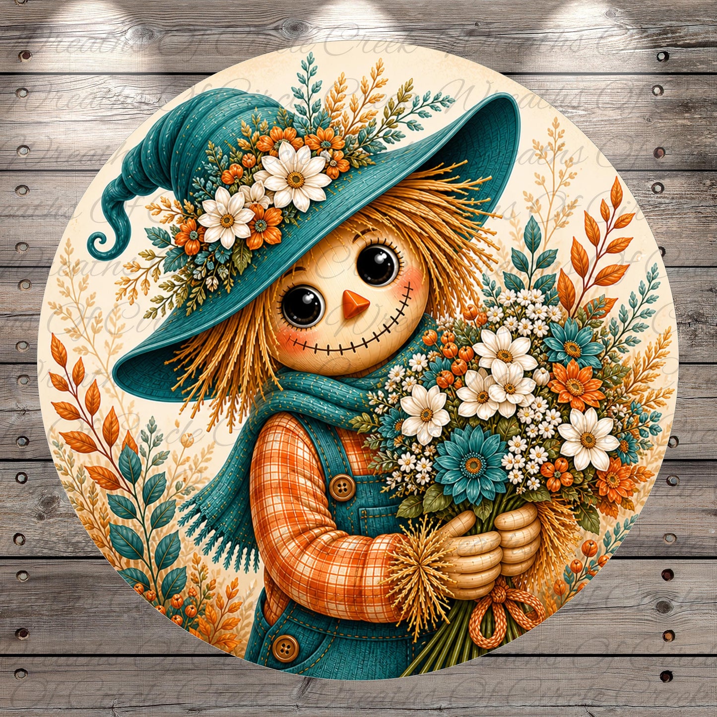 A round illustration depicting a scarecrow holding a bouquet of flowers, with a whimsical and colorful design.