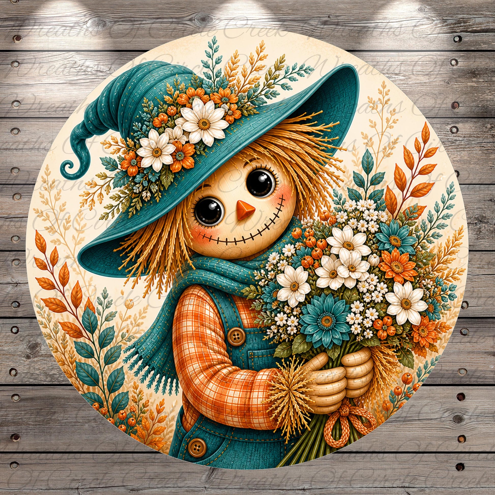 A round illustration depicting a scarecrow holding a bouquet of flowers, with a whimsical and colorful design.