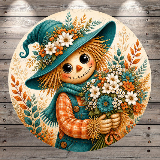 A round illustration depicting a scarecrow holding a bouquet of flowers, with a whimsical and colorful design.