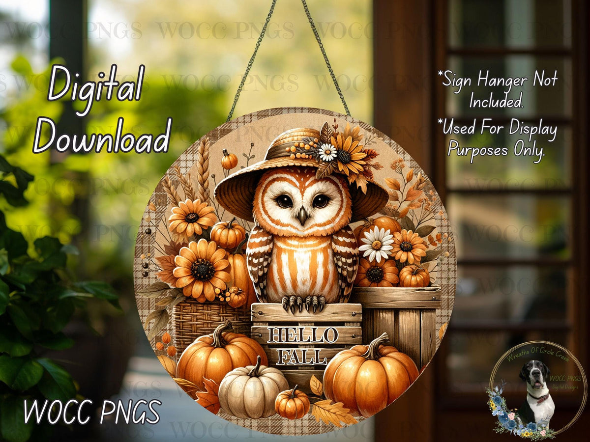 A digital download of a round sign featuring an owl wearing a hat and surrounded by pumpkins and flowers, with the text "Hello Fall" displayed on the sign.