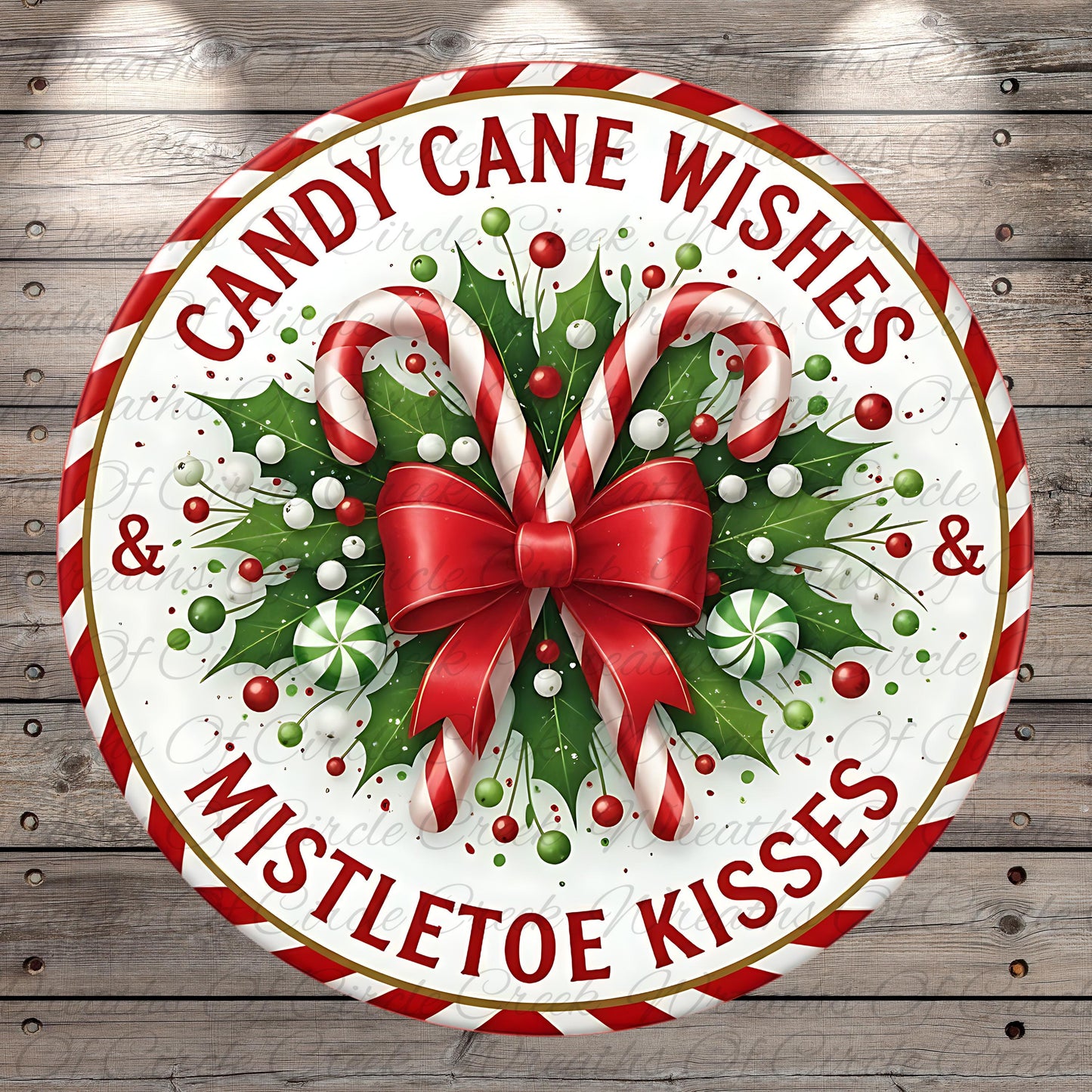 A circular Christmas-themed decoration with candy canes, mistletoe, and a red bow.