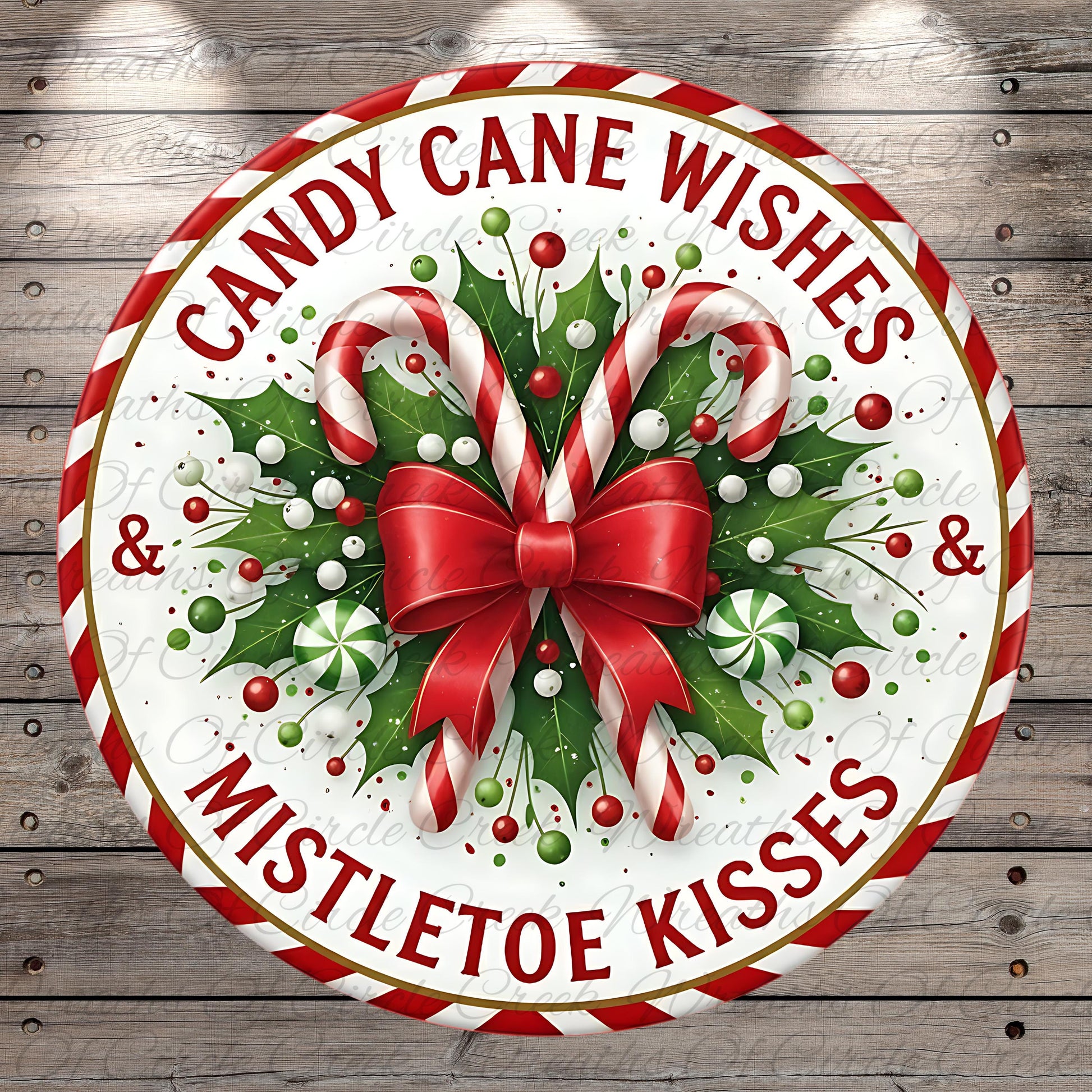 A circular Christmas-themed decoration with candy canes, mistletoe, and a red bow.
