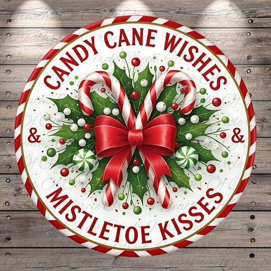 A circular Christmas-themed decoration with candy canes, mistletoe, and a red bow.