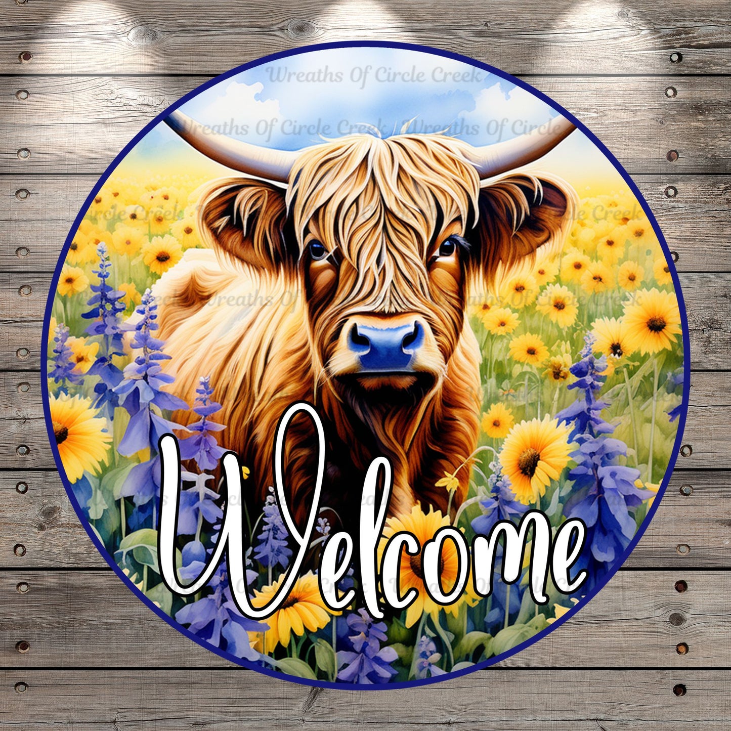 Highland Cow, Welcome, Floral Pasture, Round Light Weight, Metal Wreath Sign, No Holes In Sign