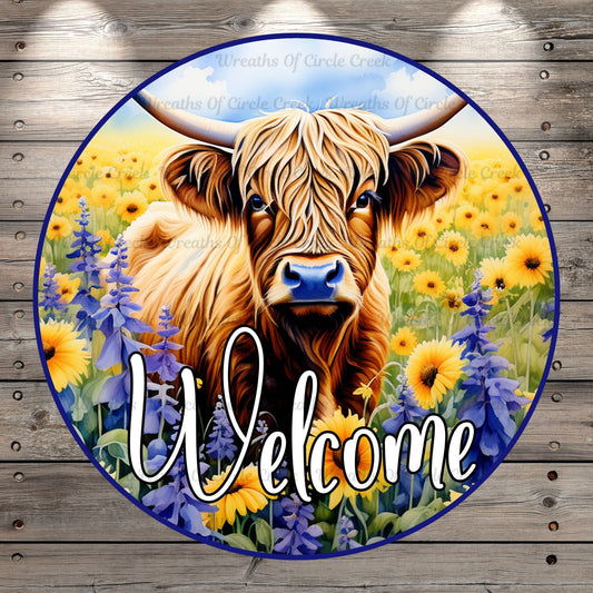 Highland Cow, Welcome, Floral Pasture, Round Light Weight, Metal Wreath Sign, No Holes In Sign