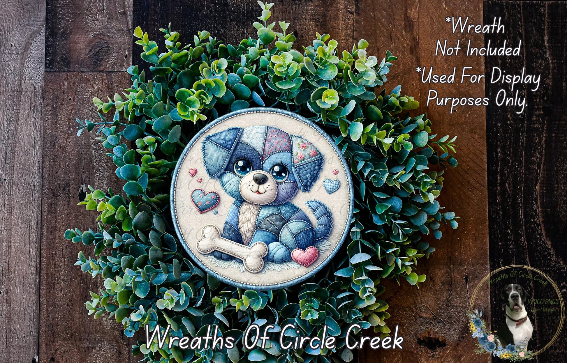 A wreath made of green leaves and a dog with a bone, featuring a decorative dog design.