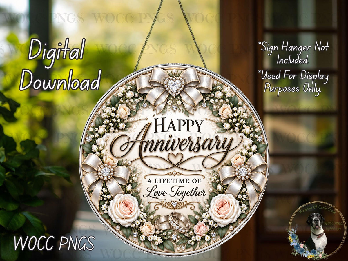 The image is a digital download of a sign that reads "Happy Anniversary" with a floral design and a heart symbol. The sign is hanging on a chain and is surrounded by a wreath of flowers and leaves.