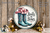 a decorative sign with the text "Boots on Bows" and a pair of blue cowboy boots with a pink bow. The sign is surrounded by a floral arrangement and placed on a wooden surface.