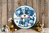 A decorative plate featuring a blue and white dog with a patchwork design, surrounded by flowers and placed on a wooden surface.
