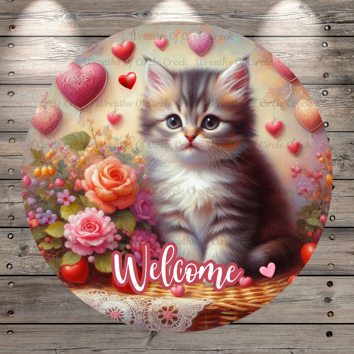 Kitten, Whimsical, Floating Hearts, Flowers, Light Weight, Metal Wreath Sign, No Holes,  UV Coated