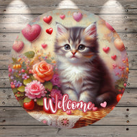 Kitten, Whimsical, Floating Hearts, Flowers, Light Weight, Metal Wreath Sign, No Holes,  UV Coated