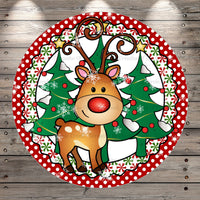 Red Nose Reindeer, Christmas Trees, Round, Light Weight, Metal ,Wreath Sign, No Holes In Sign