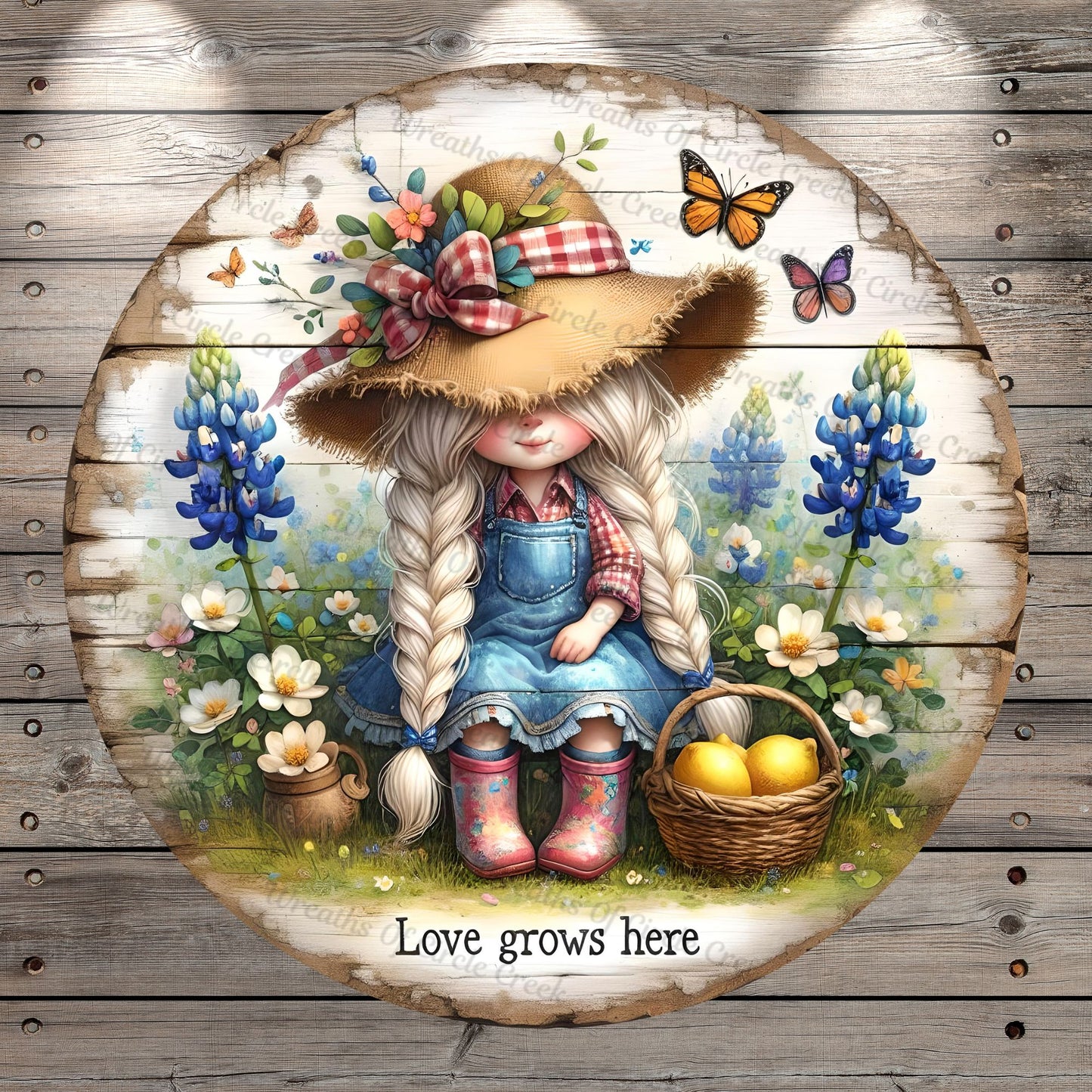 Garden Girl, Love Grows Here, Lemon Basket, Bluebonnets, Florals, Whimsical, Faux Wood, Light Weight, Metal Wreath Sign, No Holes In Sign