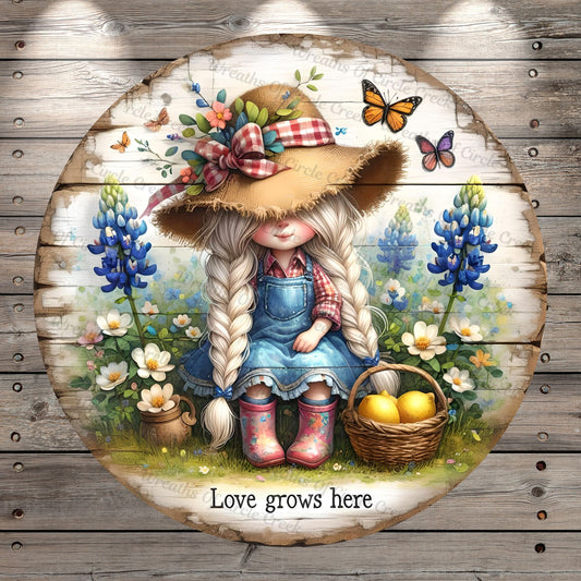 Garden Girl, Love Grows Here, Lemon Basket, Bluebonnets, Florals, Whimsical, Faux Wood, Light Weight, Metal Wreath Sign, No Holes In Sign