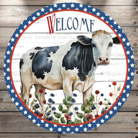 Welcome, Farm Cow, Florals, Star Border, Light Weight, Metal Wreath Sign, Round, No Holes