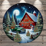Merry Christmas, Red Barn, Farm Truck, Christmas Trees, Winter Scene, Light Weight, Round Metal Wreath Sign, No Holes, UV Coated