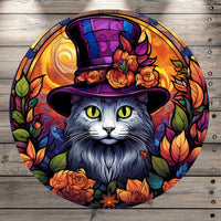 Cat With Purple Hat, Florals, Print, Round UV Coated, Metal Sign, No Holes