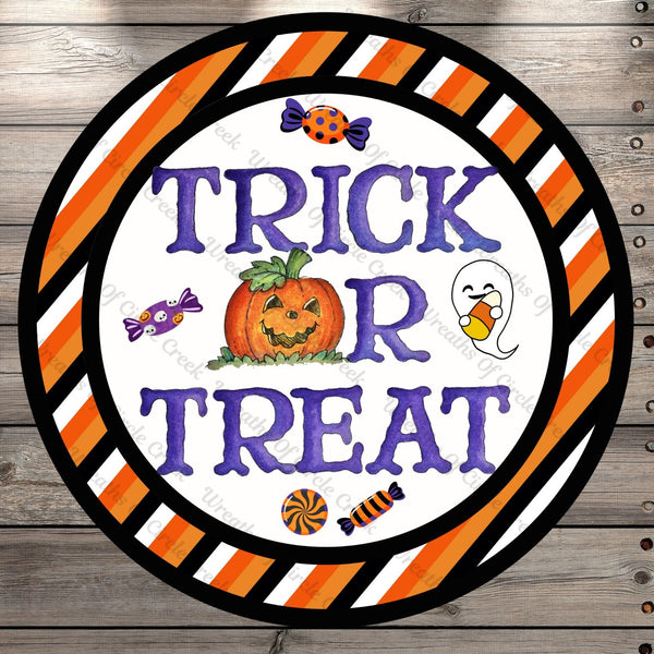 Trick Or Treat, Halloween, Candy Corn Border, Round UV Coated, Metal Sign, No Holes