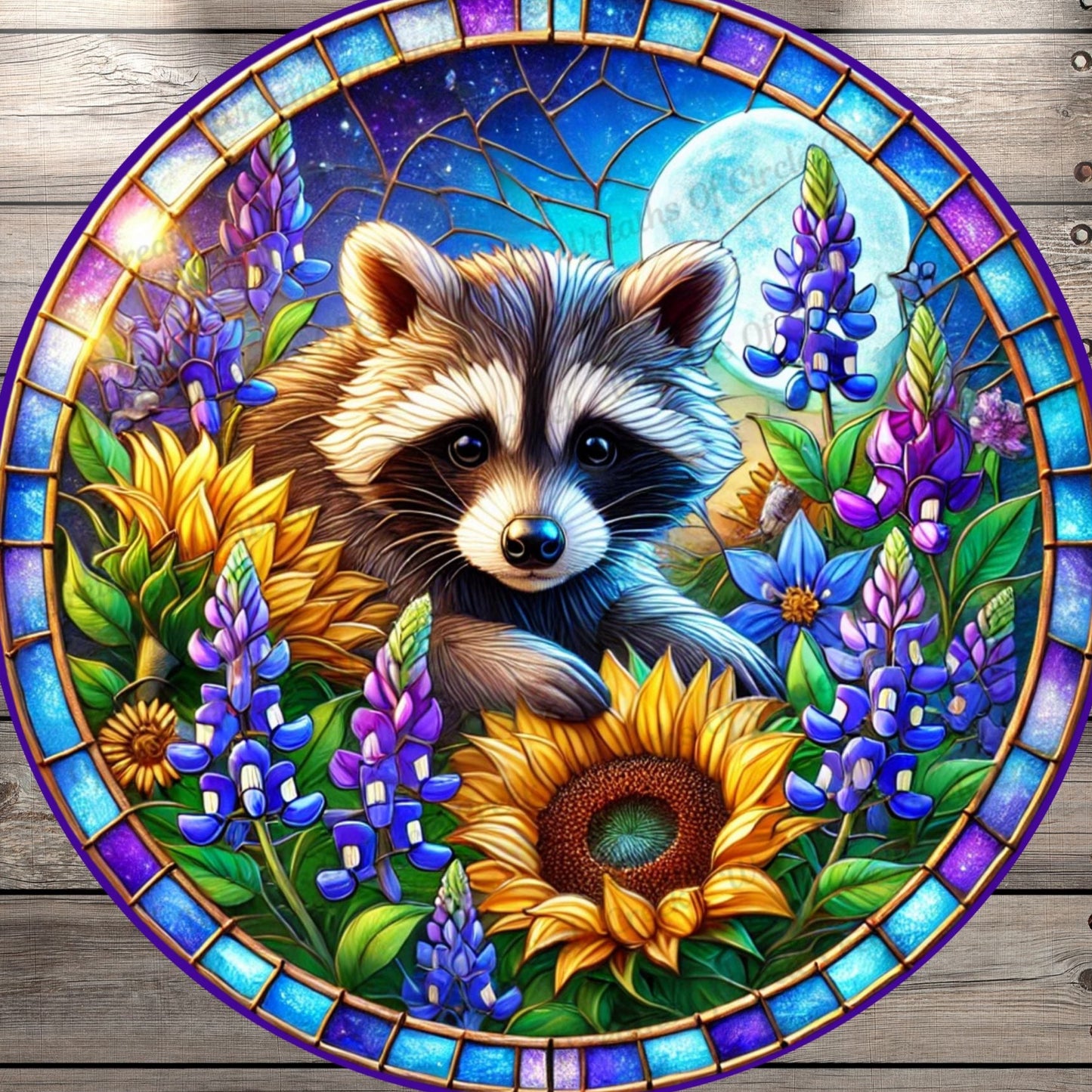 Raccoon In Bluebonnets And Sunflowers| Lightweight Round Metal Wreath Sign | Full Moon | Faux Stained Glass Effect | No Holes In Sign