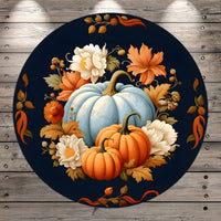 Fall Foliage, Pumpkins, Blue, Cream, Orange, Light Weight, Metal Wreath Sign, No Holes In Sign