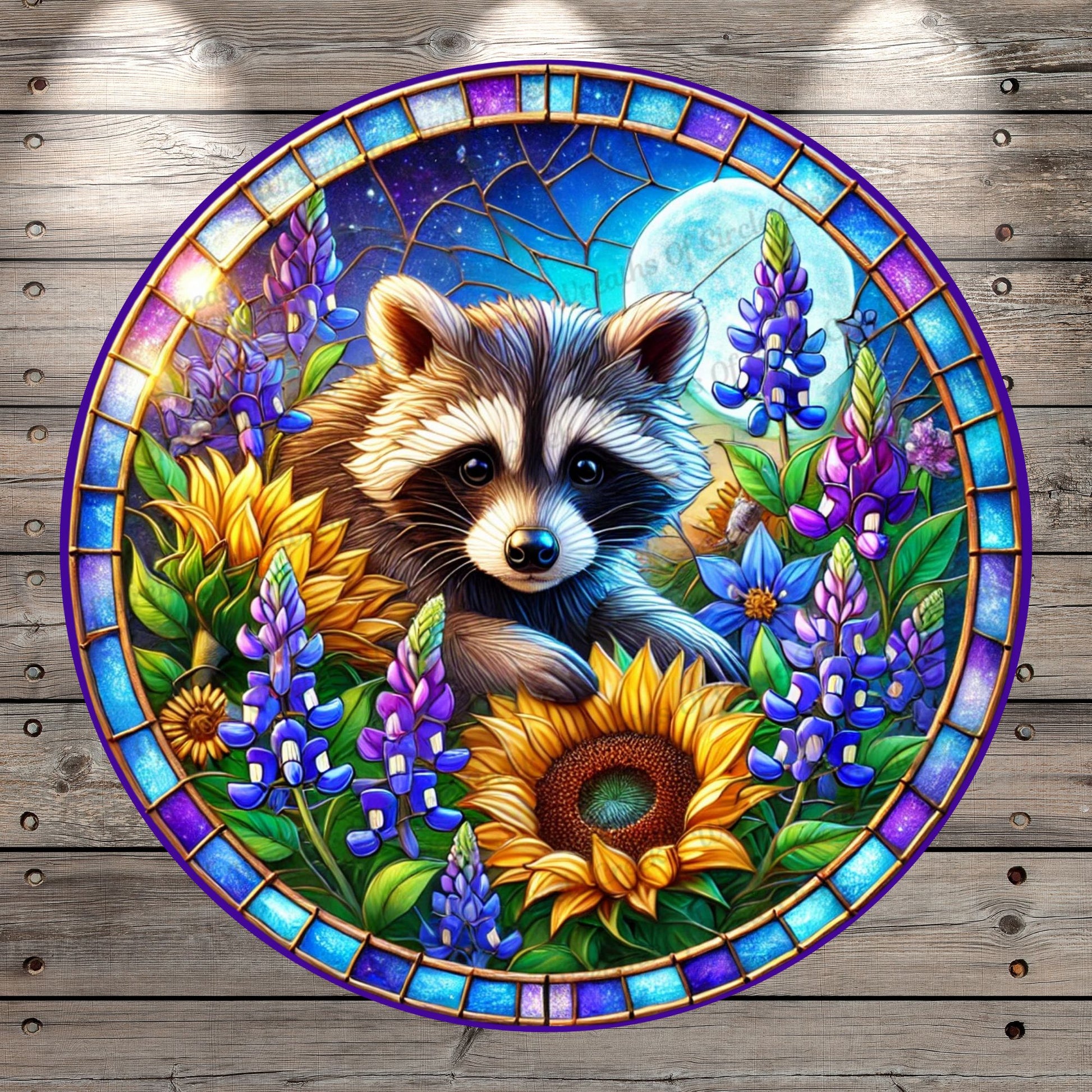Raccoon In Bluebonnets And Sunflowers| Lightweight Round Metal Wreath Sign | Full Moon | Faux Stained Glass Effect | No Holes In Sign