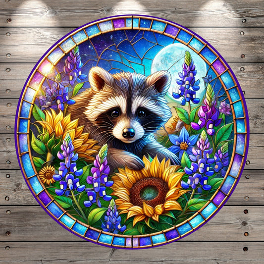 Raccoon In Bluebonnets And Sunflowers| Lightweight Round Metal Wreath Sign | Full Moon | Faux Stained Glass Effect | No Holes In Sign