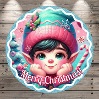 Blue And Pink, Boy, Elf, Merry Christmas, Candy, Blue Glitter Border, Round, Light Weight, Metal, Wreath Sign, No Holes In Sign