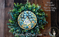 Floral Hello Door Sign, Blue and Yellow Ribbon, Spring Welcome Decor, Round Wall Hanging, Gift Idea