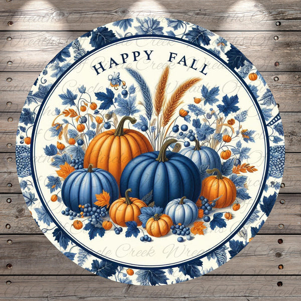 a blue and white plate with pumpkins on it