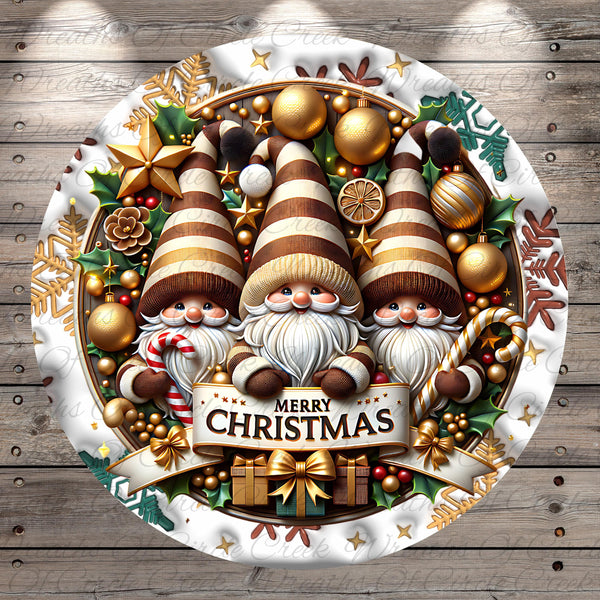 A festive Christmas wreath with three gnomes, gold ornaments, and a "Merry Christmas" banner.