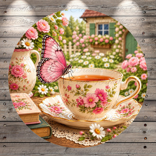 A pink butterfly perches on a teacup with pink flowers, set against a backdrop of a garden with pink roses and a wooden house.