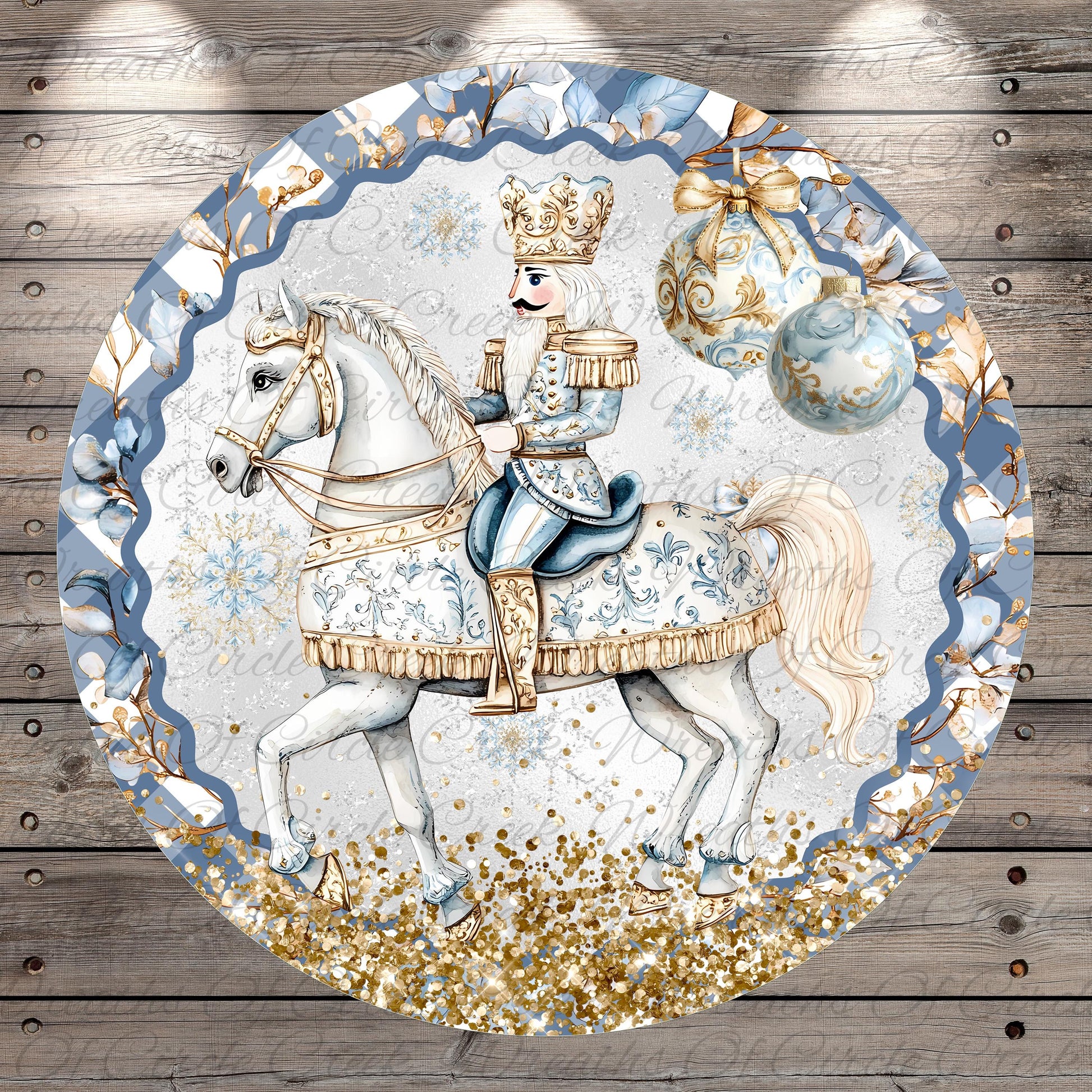 A decorative round plate featuring a white nutcracker figure riding a white horse, with a blue and gold border and a snowy background.