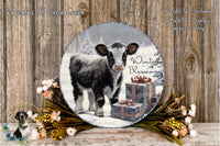 Winter Blessings Calf | Lightweight Round Metal Wreath Sign | No Holes in Sign | Farmhouse Christmas Decor