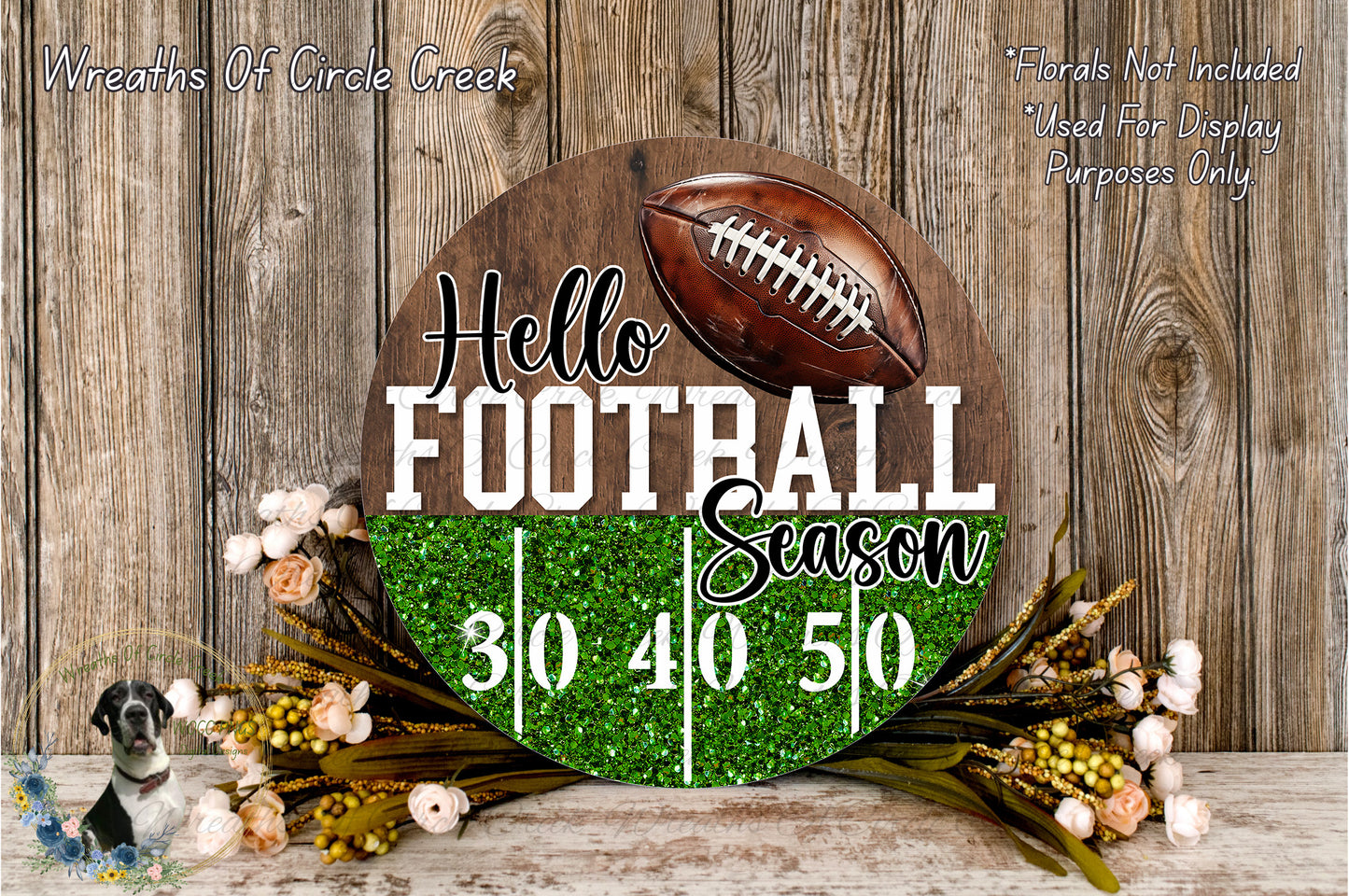 Hello Football Season Sign | Lightweight Round Metal Wreath Sign | No Holes in Sign | Glitter Football Field Decor