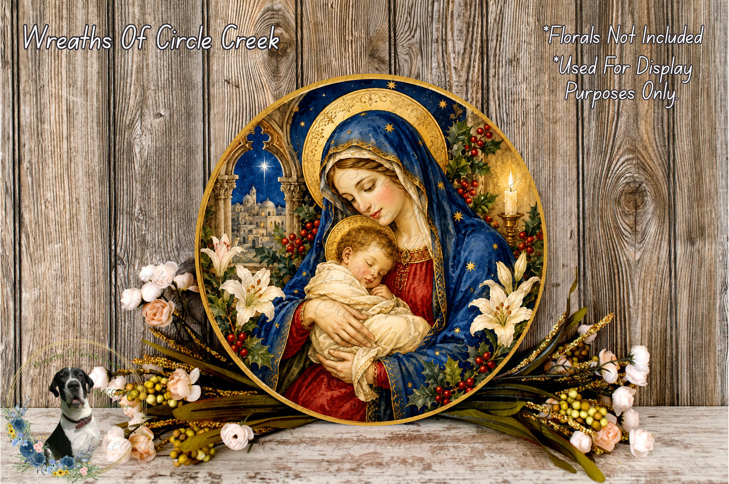 Mother Mary and Baby Jesus with Christmas Lilies Round Aluminum Metal Wreath Sign (Lightweight, No Holes)