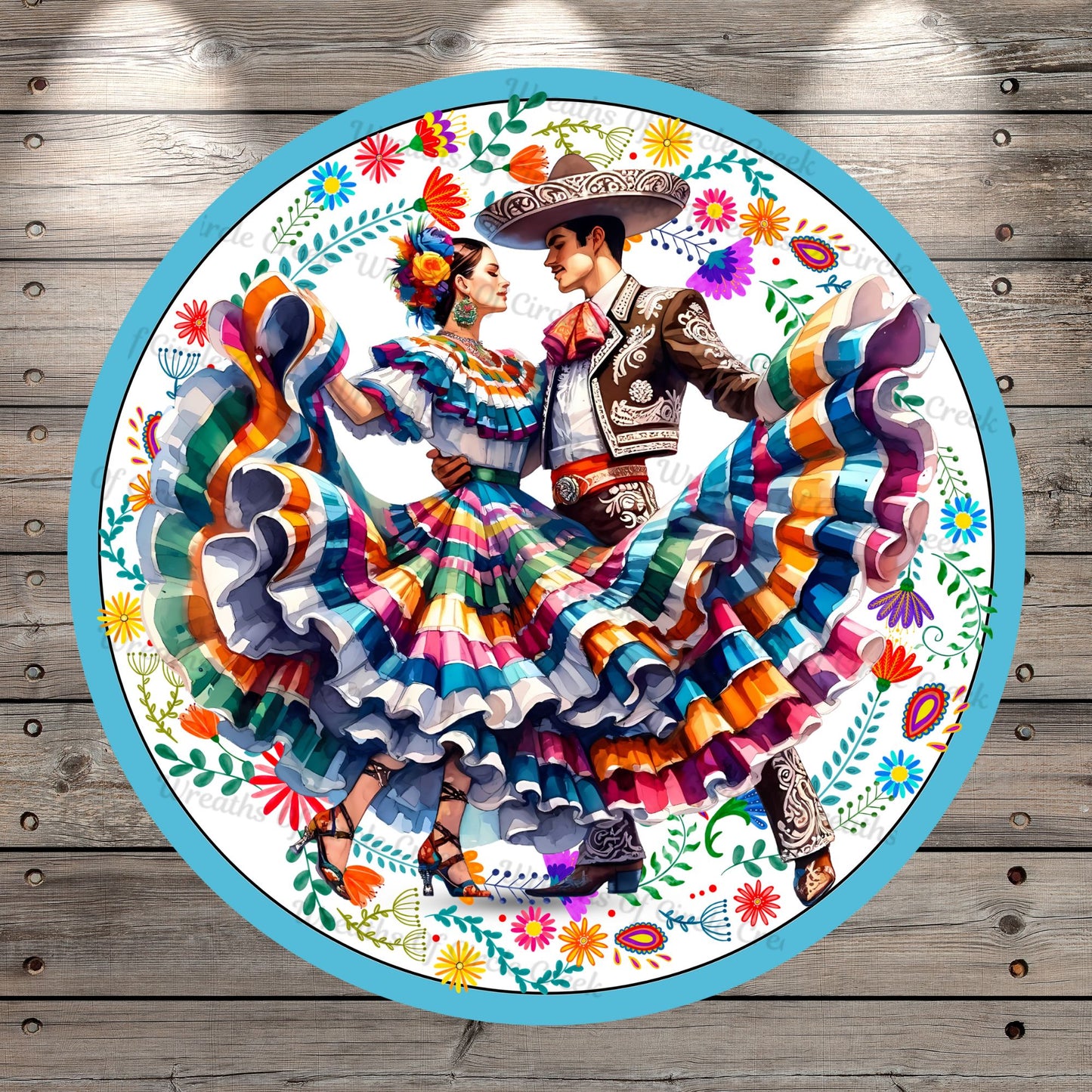 Dancing Couple, Cinco De Mayo, Jarabe Dancers, Watercolor, Whimsical, Florals, Round, Light Weight, Metal Wreath Sign, No Holes In Sign