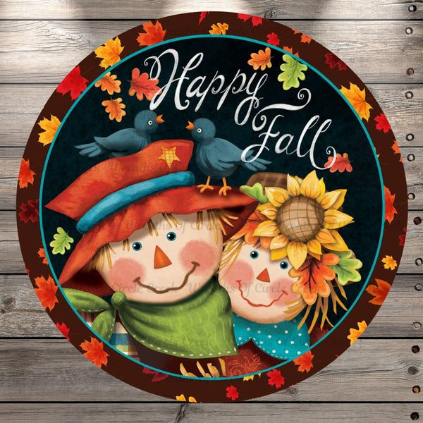 Happy Fall, Scarecrows, Couple, Fall Leaves, Border, Round UV Coated, Metal Sign, No Holes