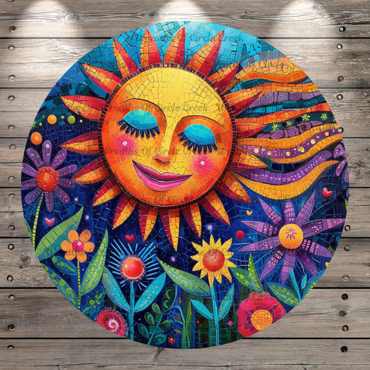 Sunshine Over Flowers, Wreath Sign, Round, Light Weight, Metal With No Holes