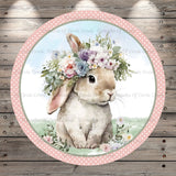 Spring Easter Bunny, Welcome, Florals, Watercolor, Whimsical, Round, Light Weight, Metal Wreath Sign, No Holes