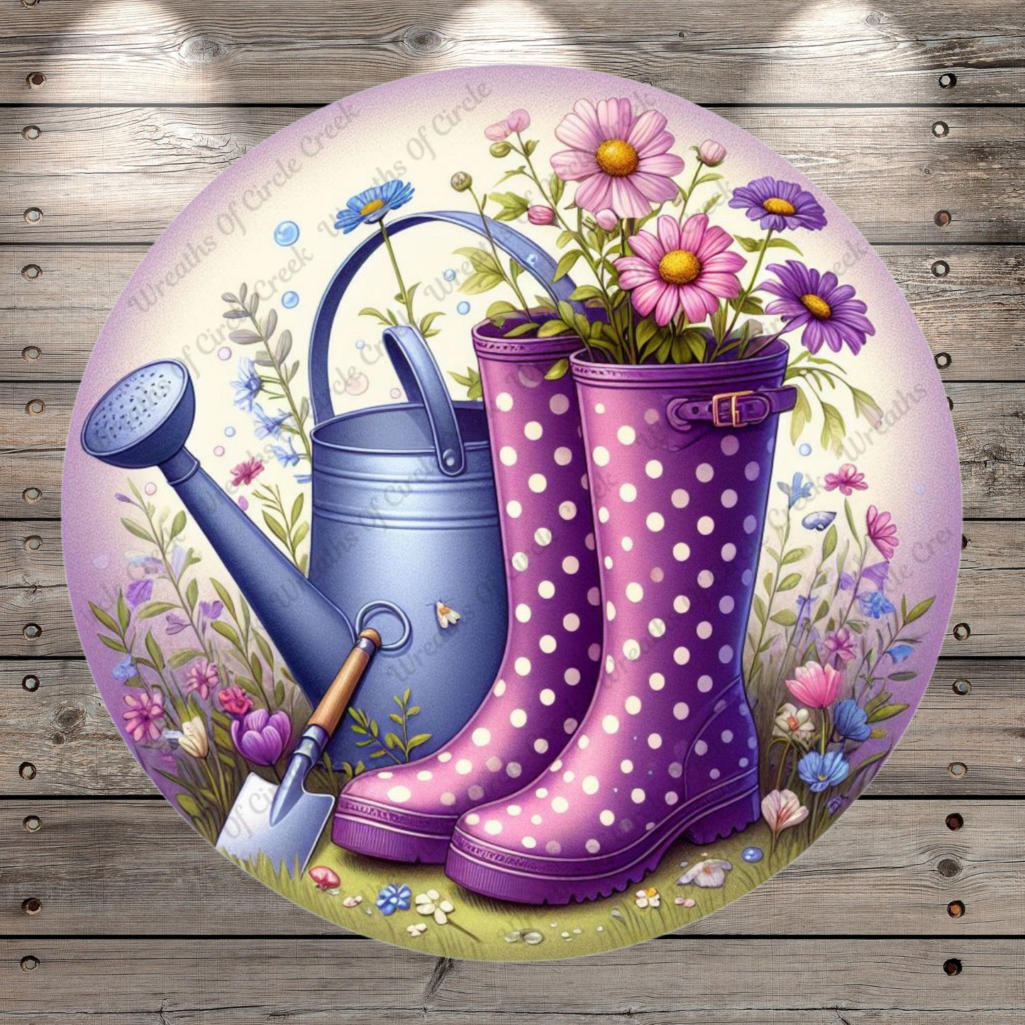 Purple, Rain Boots And Watering Can, Spring Florals, Polka Dots, Garden, Round, Lightweight, Metal Wreath Sign, No Holes