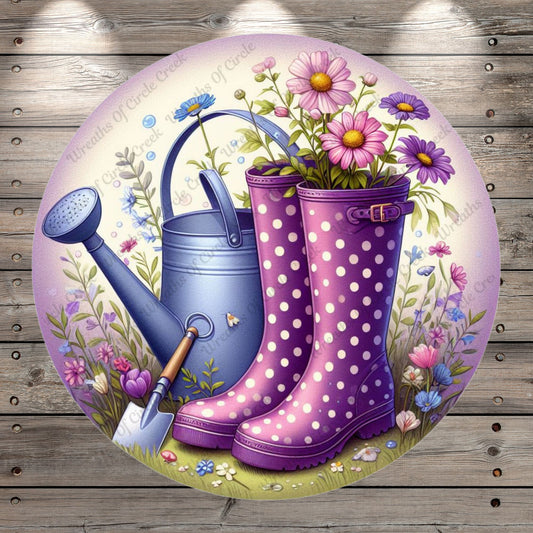 Purple, Rain Boots And Watering Can, Spring Florals, Polka Dots, Garden, Round, Lightweight, Metal Wreath Sign, No Holes