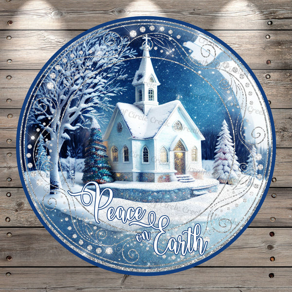 Snow Globe, Winter Church, Peace On Earth, Blue, Silver Round, Light Weight, Metal Wreath Sign, No Holes