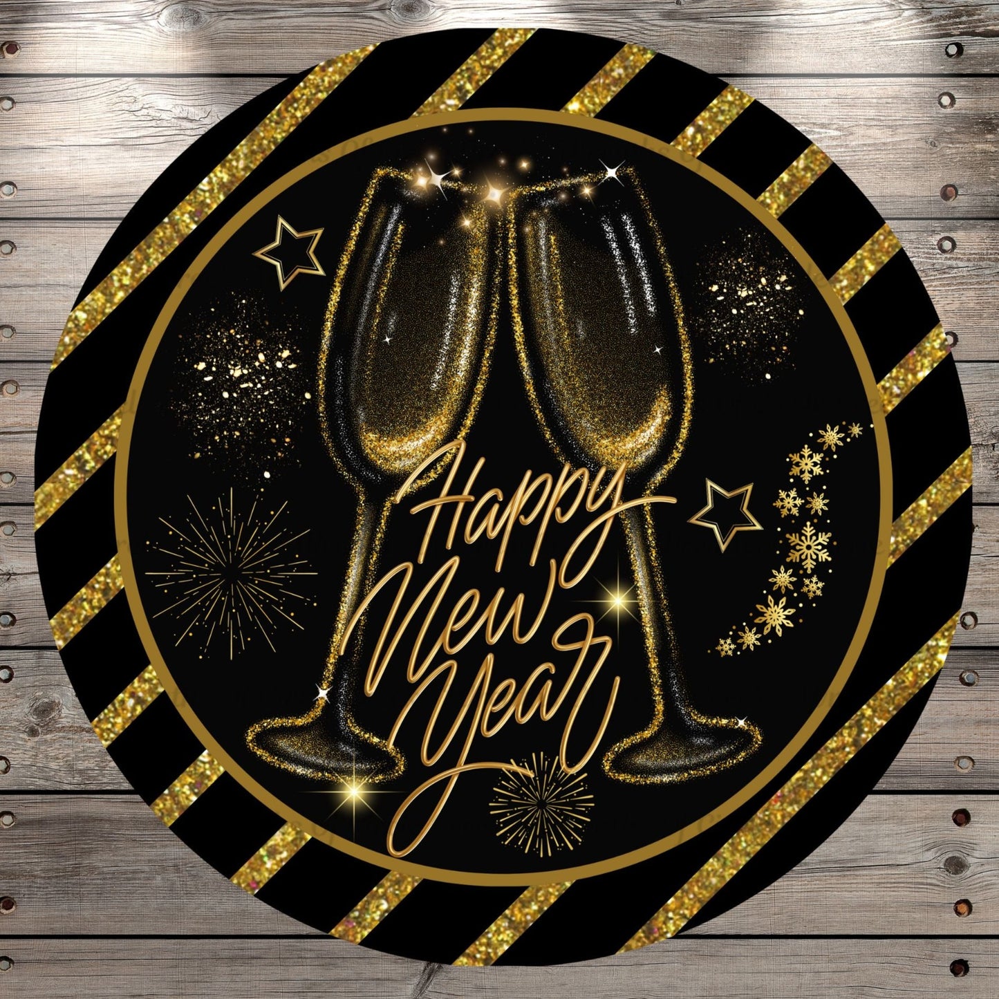 Happy New Year, Champagne Toast, Glasses, Black, Gold, Wreath Sign, No Holes, Round UV Coated, Metal