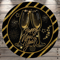 Happy New Year, Champagne Toast, Glasses, Black, Gold, Wreath Sign, No Holes, Round UV Coated, Metal