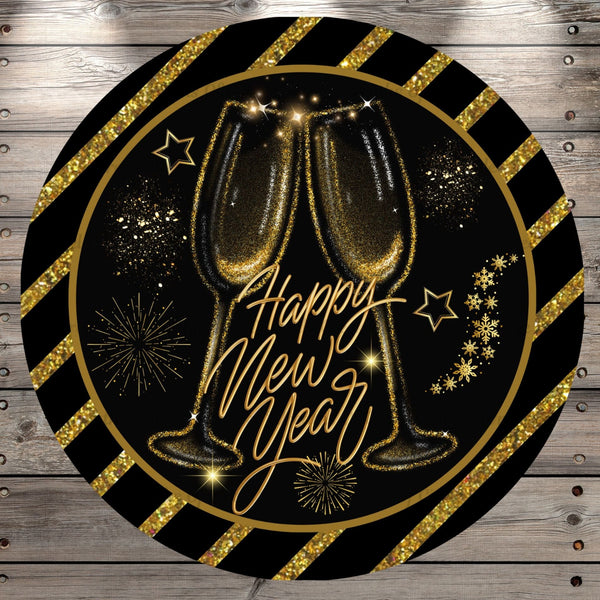 Happy New Year, Champagne Toast, Glasses, Black, Gold, Wreath Sign, No Holes, Round UV Coated, Metal