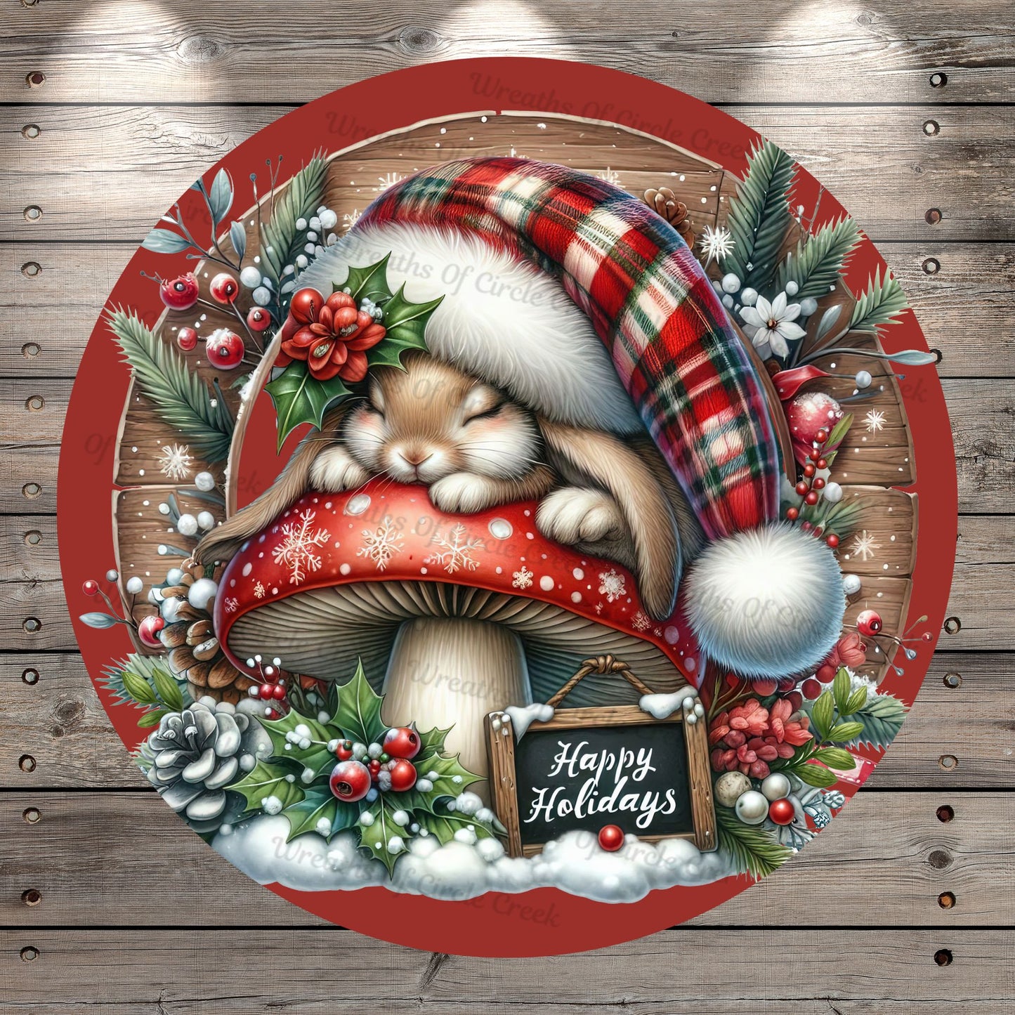 Woodland, Bunny Sleeping, Happy Holidays, Winter, Christmas, Plaid, Round, Lightweight, Metal, Wreath Sign, No Holes In Sign