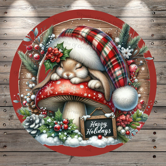 Woodland, Bunny Sleeping, Happy Holidays, Winter, Christmas, Plaid, Round, Lightweight, Metal, Wreath Sign, No Holes In Sign