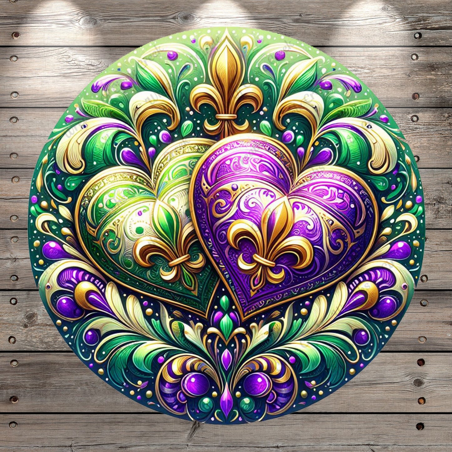 Mardi Gras, Hearts, Purple, Gold, Green, Round, Light Weight, Metal Wreath Sign, No Holes In Sign