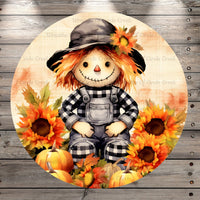 Scarecrow, Black and White Plaid, Sunflowers, Round UV Coated, Metal Sign, No Holes